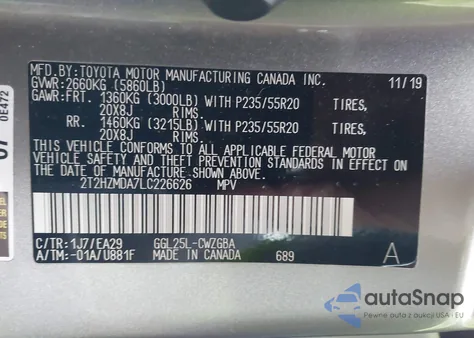 2020 Lexus Rx 350 z USA, uszkodzony, nr VIN 2T2HZMDA7LC226626